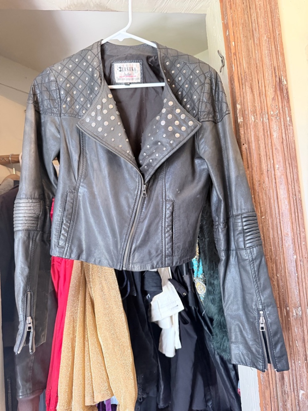 Vintage bershka biker motorcycle jacket Mexican genuine leather studded large
